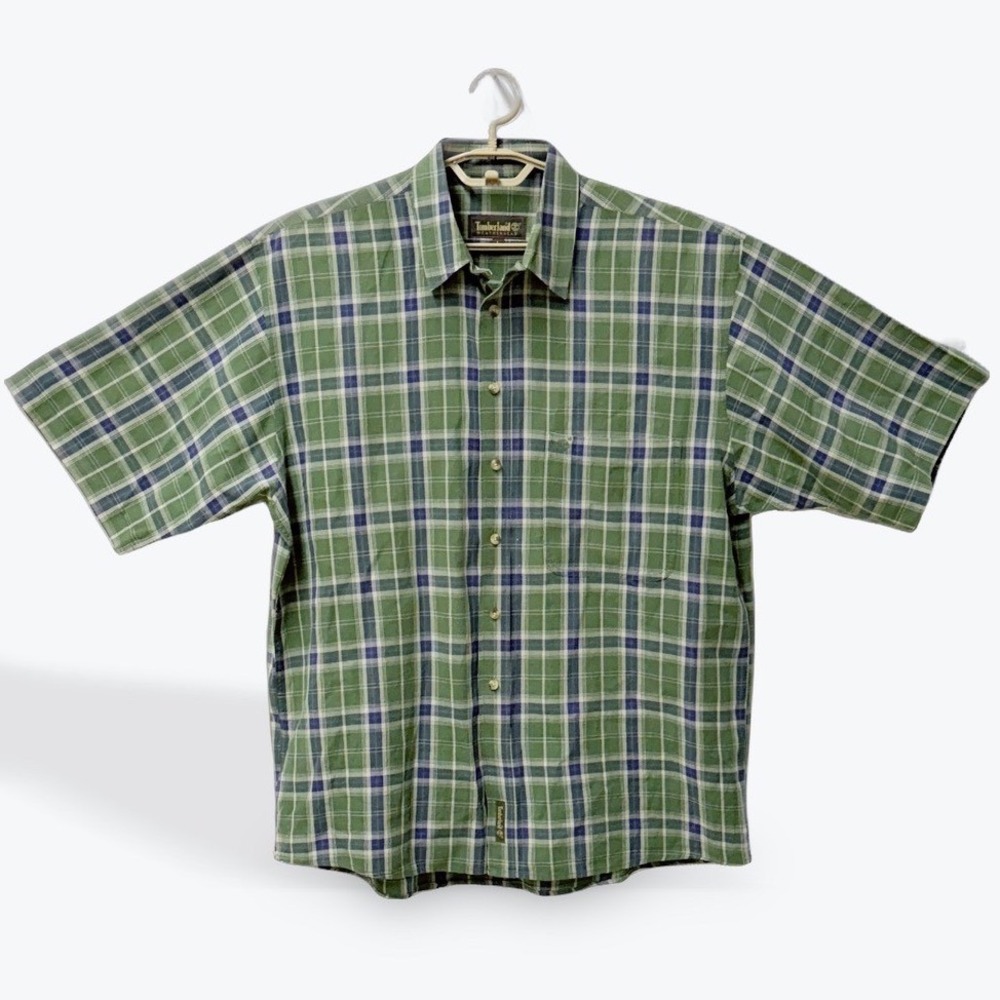 Timberland Weathergear Mens Large‎ Green Blue Plaid Short Sleeve Button Shirt